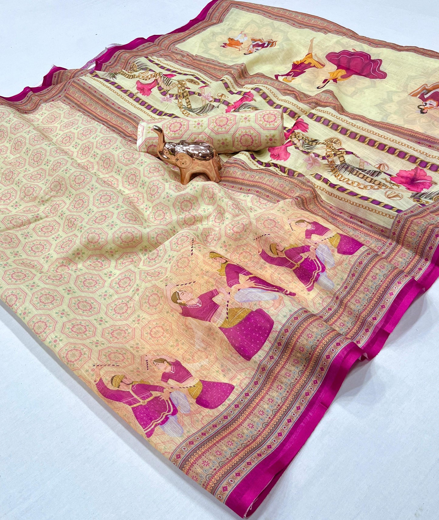 Kayatri New Soft Original Lenin fabric, very smooth and light weight, with super hit Navratri Garba design all over saree