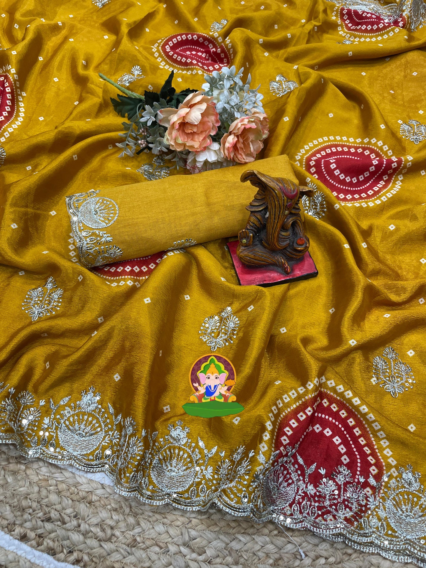 Kayatri New  Chinnon Fabric Bandhej Print saree with Zari & Sequence multy work with Cutwork Borde