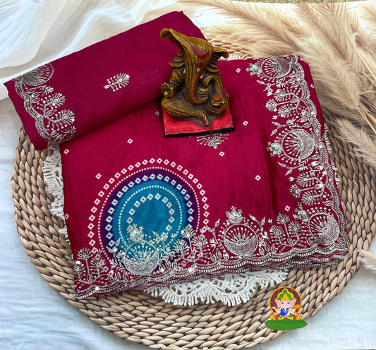 Kayatri New  Chinnon Fabric Bandhej Print saree with Zari & Sequence multy work with Cutwork Borde