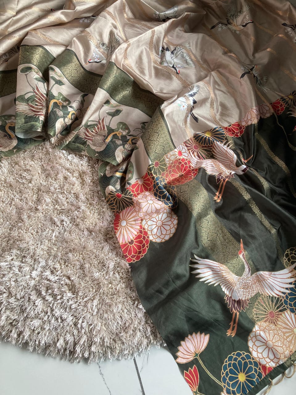Kayatri New Kora Silk (Rukamani) With Tussle & Fancy Kalamkari Saree