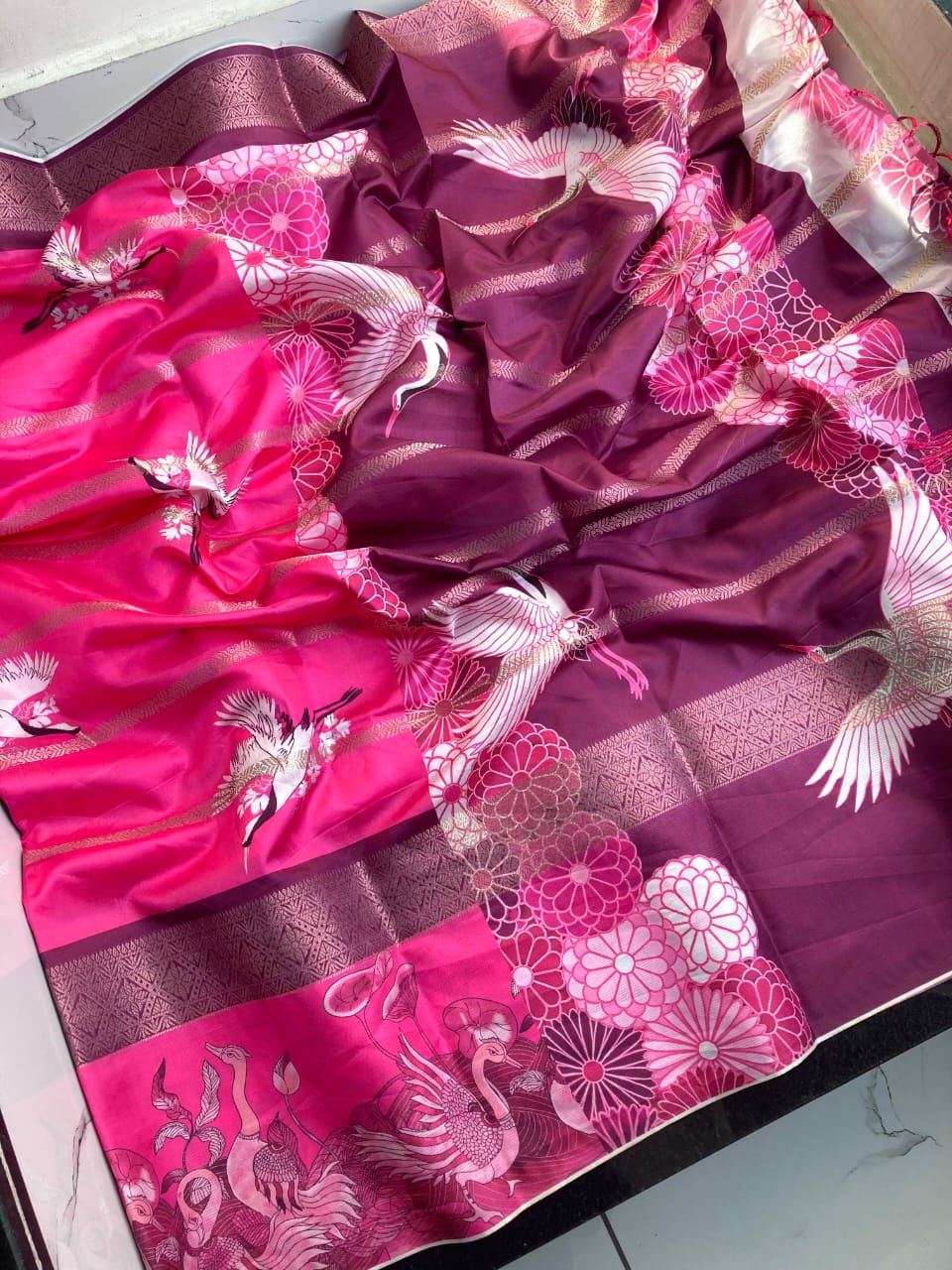 Kayatri New Kora Silk (Rukamani) With Tussle & Fancy Kalamkari Saree