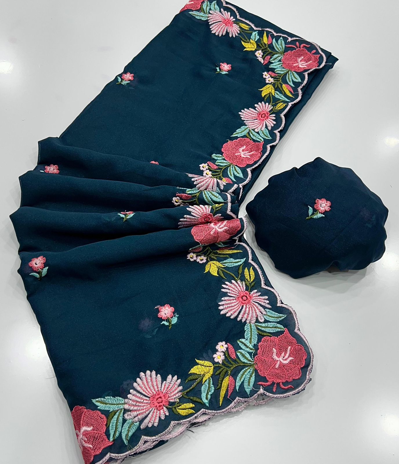 Kayatri New Georgette Saree Multi Emrodairy Work With Running Work Blouse