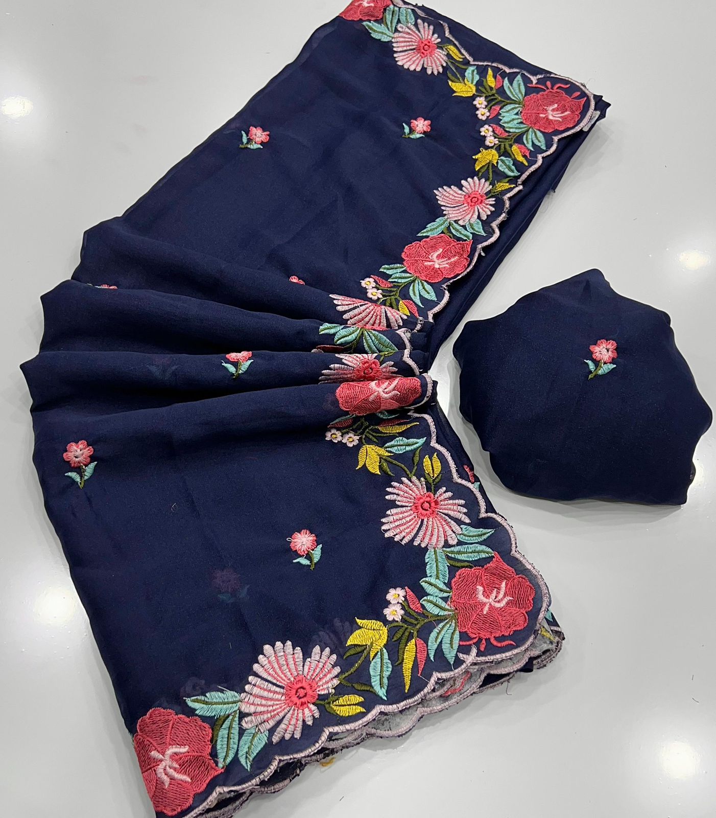 Kayatri New Georgette Saree Multi Emrodairy Work With Running Work Blouse