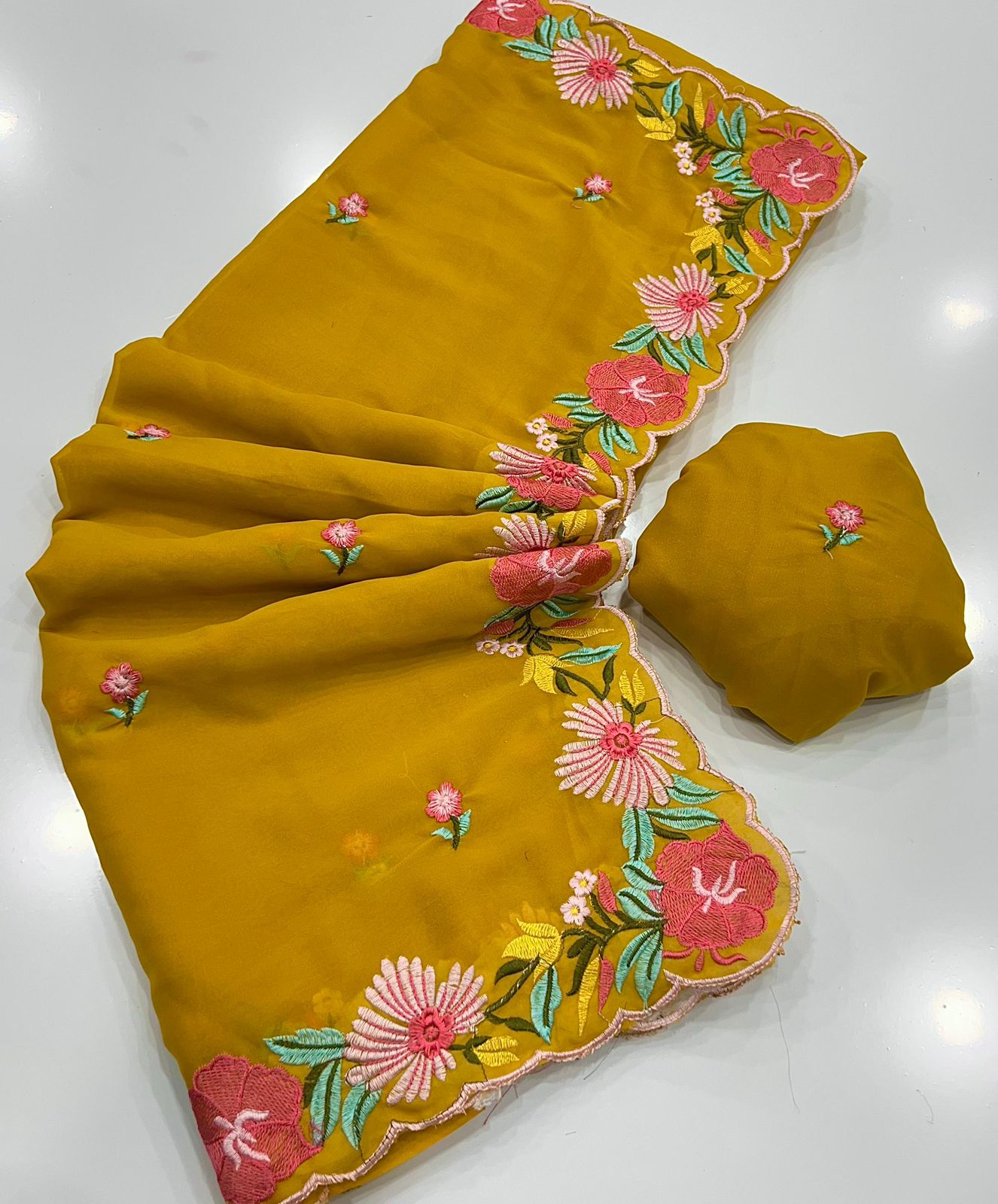Kayatri New Georgette Saree Multi Emrodairy Work With Running Work Blouse