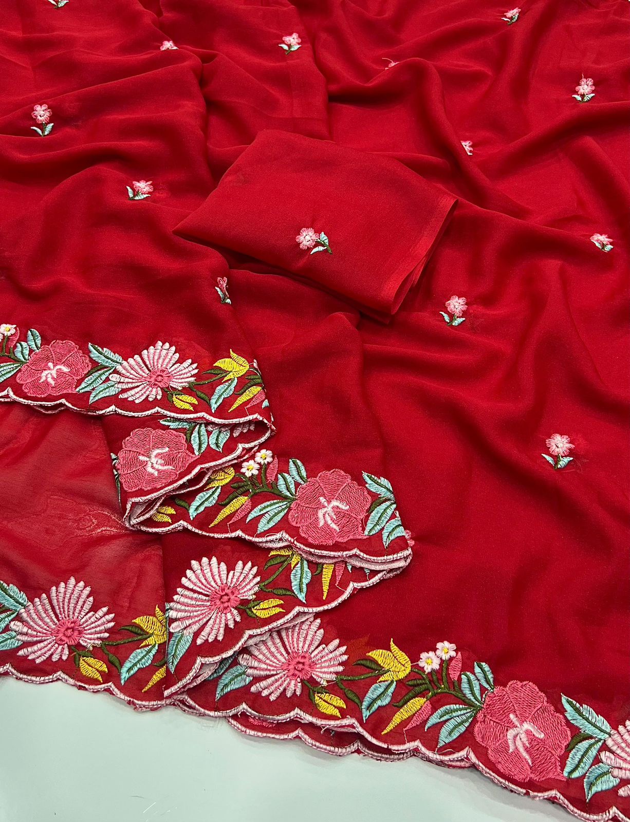Kayatri New Georgette Saree Multi Emrodairy Work With Running Work Blouse