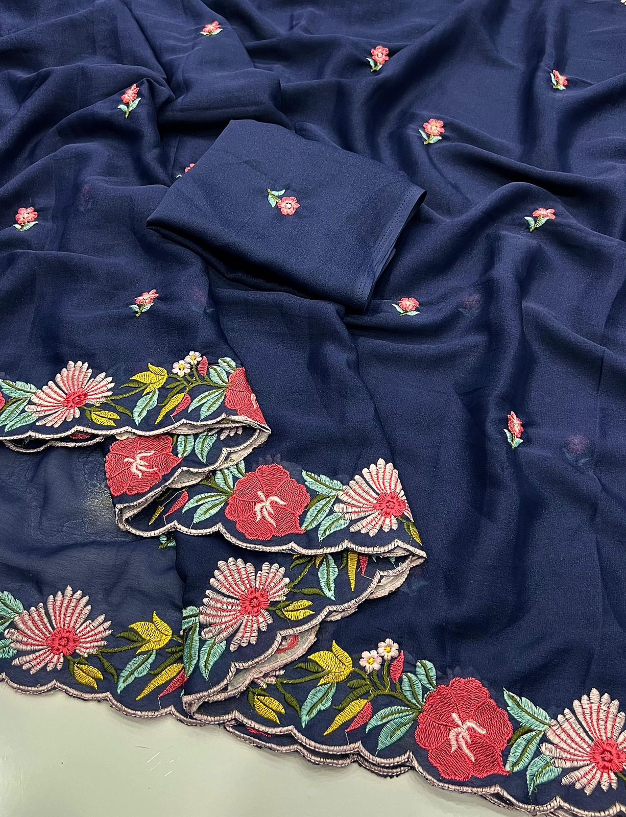 Kayatri New Georgette Saree Multi Emrodairy Work With Running Work Blouse