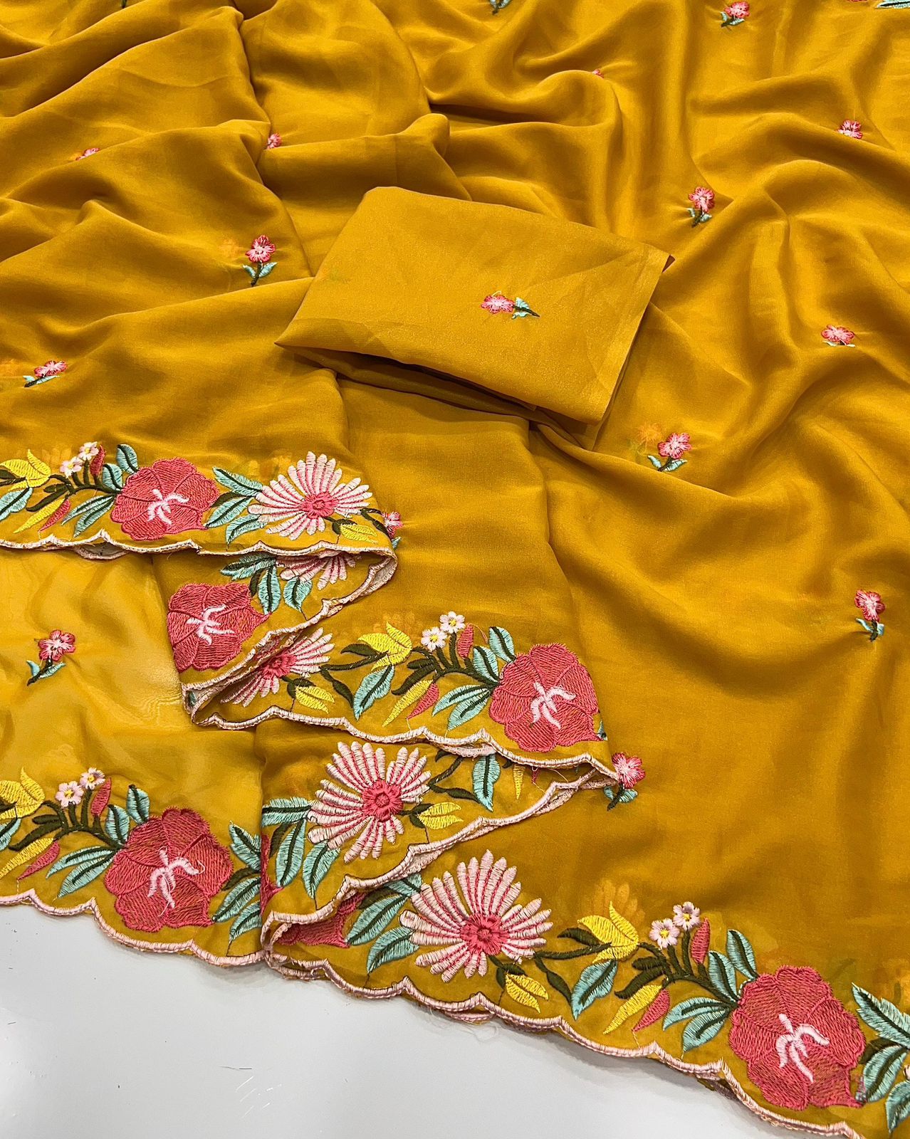 Kayatri New Georgette Saree Multi Emrodairy Work With Running Work Blouse