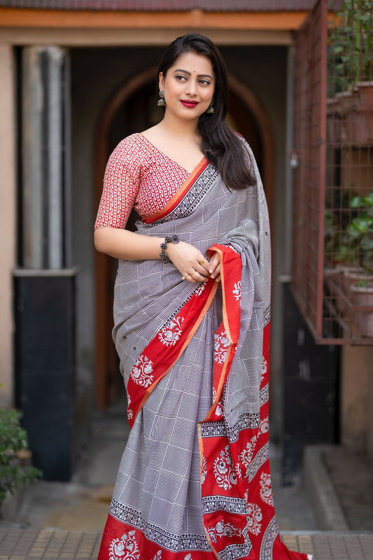 Kayatri New  single color edition ajrakh cotton saree