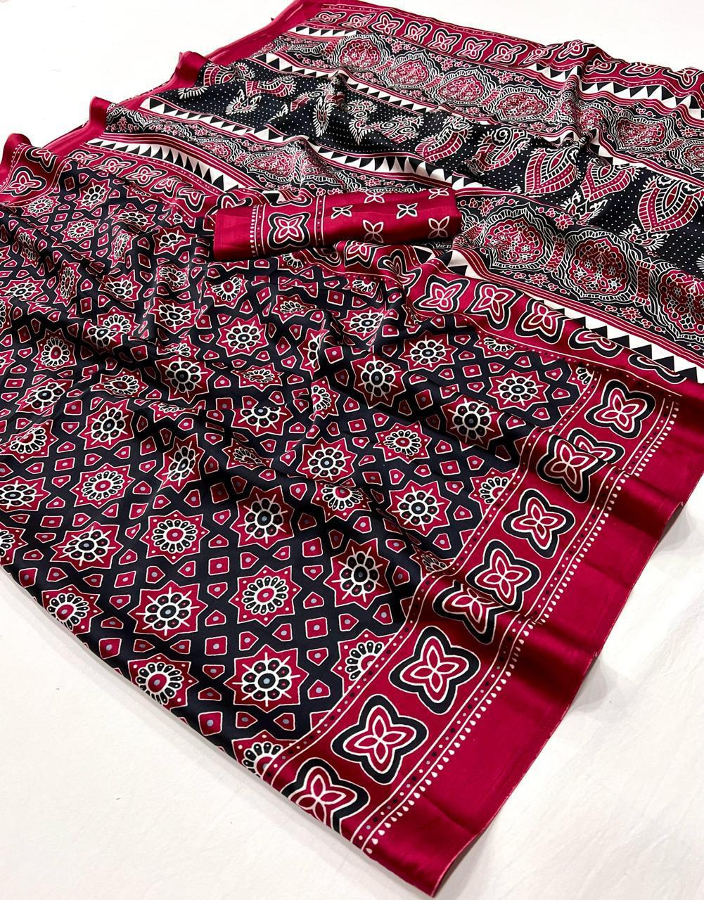 Kayatri New  Pure Crape Satin with Ajrak printed Sarees rich Pallu