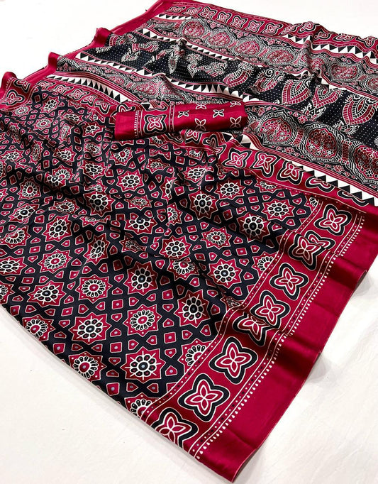 Kayatri New  Pure Crape Satin with Ajrak printed Sarees rich Pallu