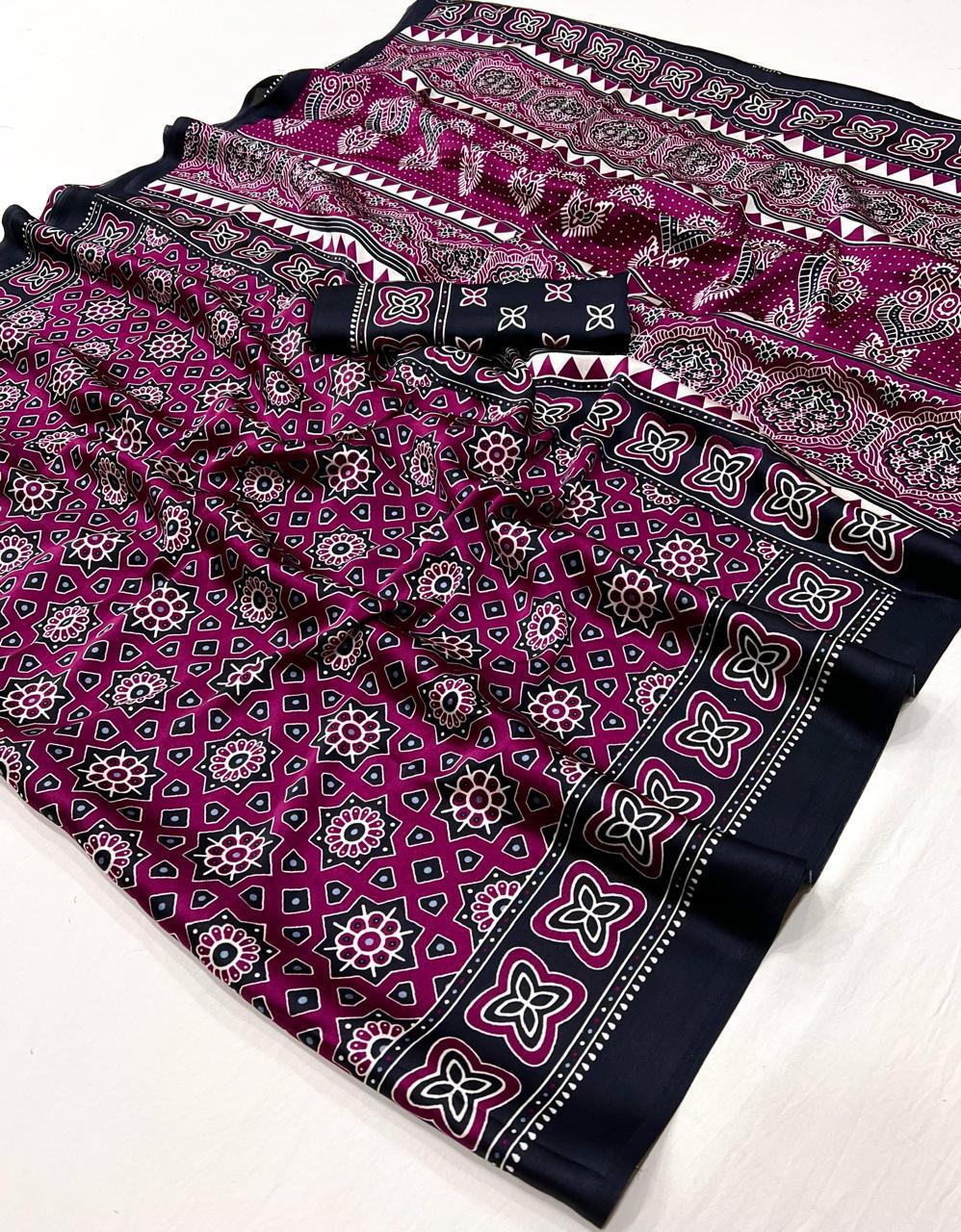 Kayatri New  Pure Crape Satin with Ajrak printed Sarees rich Pallu