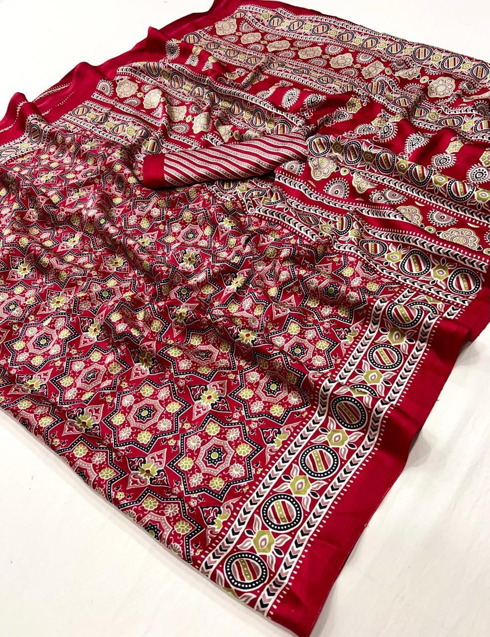 Kayatri New  Pure Crape Satin with Ajrak printed Sarees rich Pallu