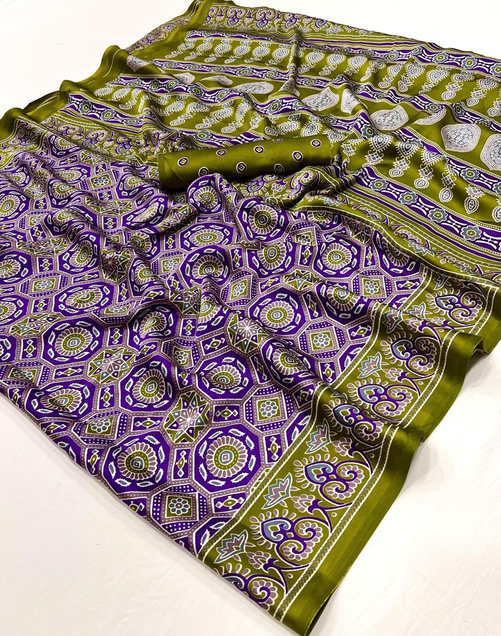 Kayatri New  Pure Crape Satin with Ajrak printed Sarees rich Pallu