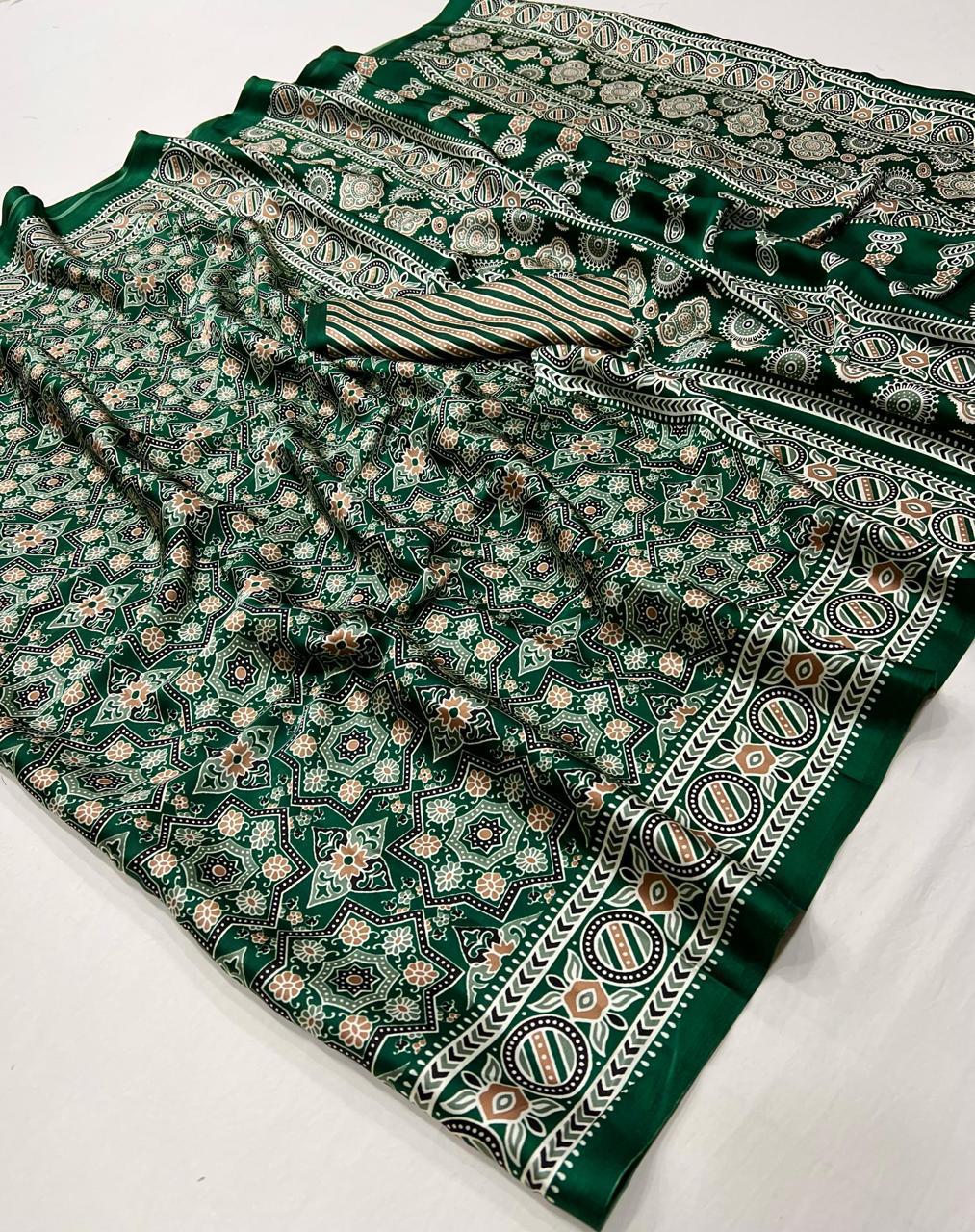 Kayatri New  Pure Crape Satin with Ajrak printed Sarees rich Pallu