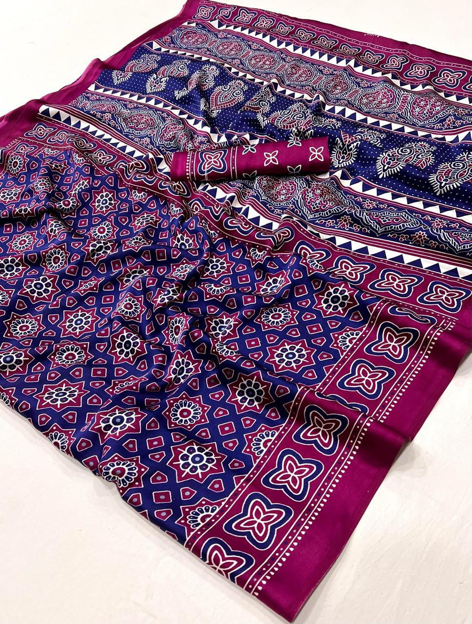 Kayatri New  Pure Crape Satin with Ajrak printed Sarees rich Pallu