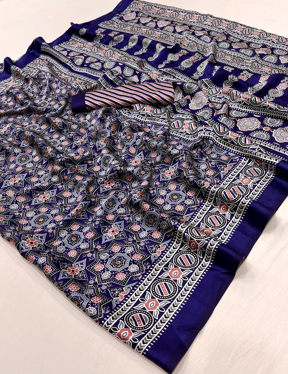 Kayatri New  Pure Crape Satin with Ajrak printed Sarees rich Pallu