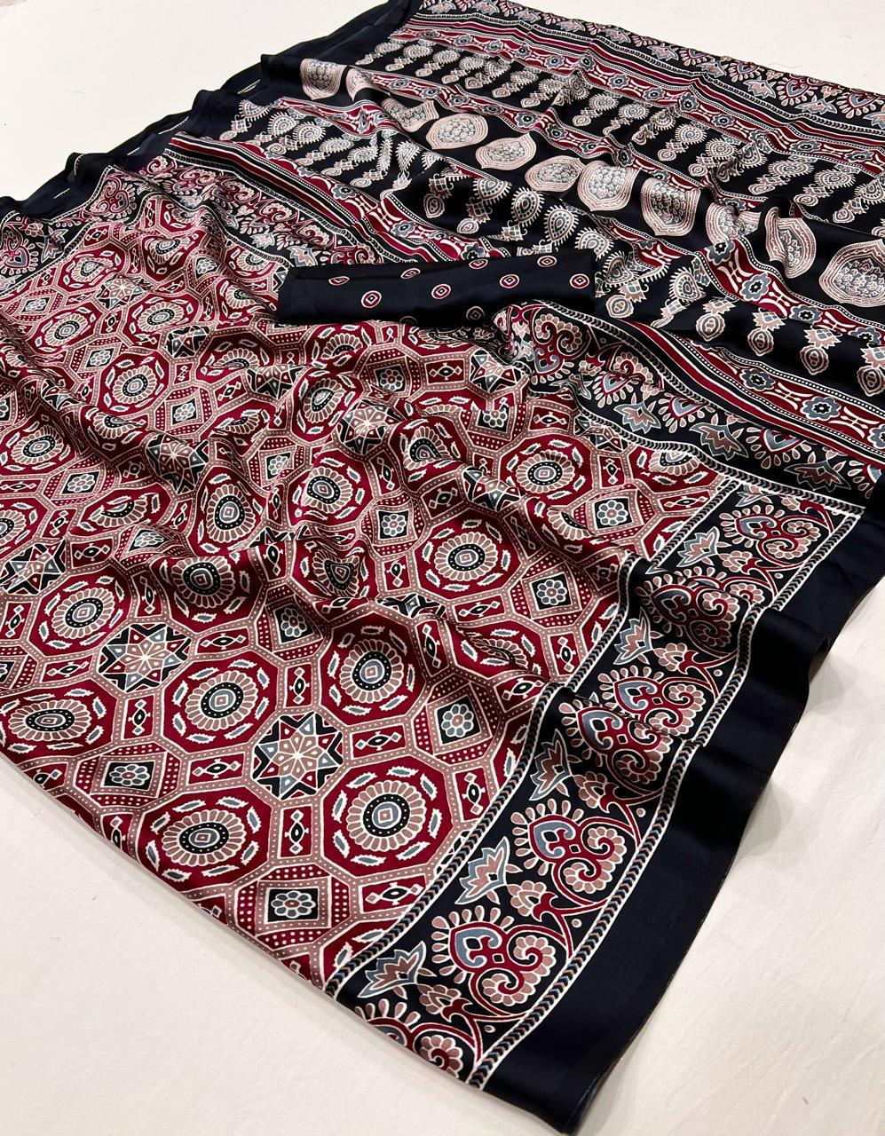 Kayatri New  Pure Crape Satin with Ajrak printed Sarees rich Pallu