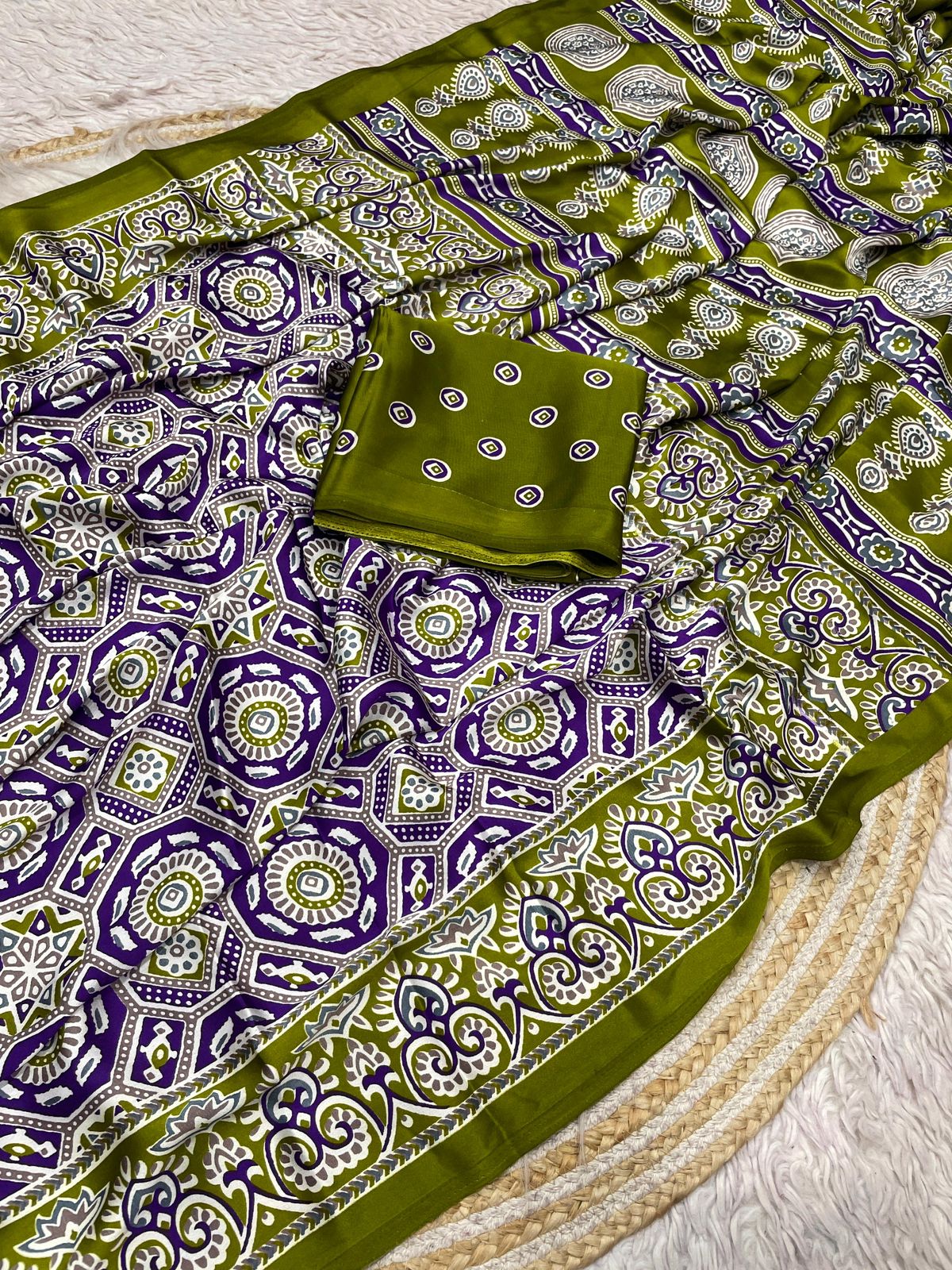 Kayatri New  Pure Crape Satin with Ajrak printed Sarees rich Pallu