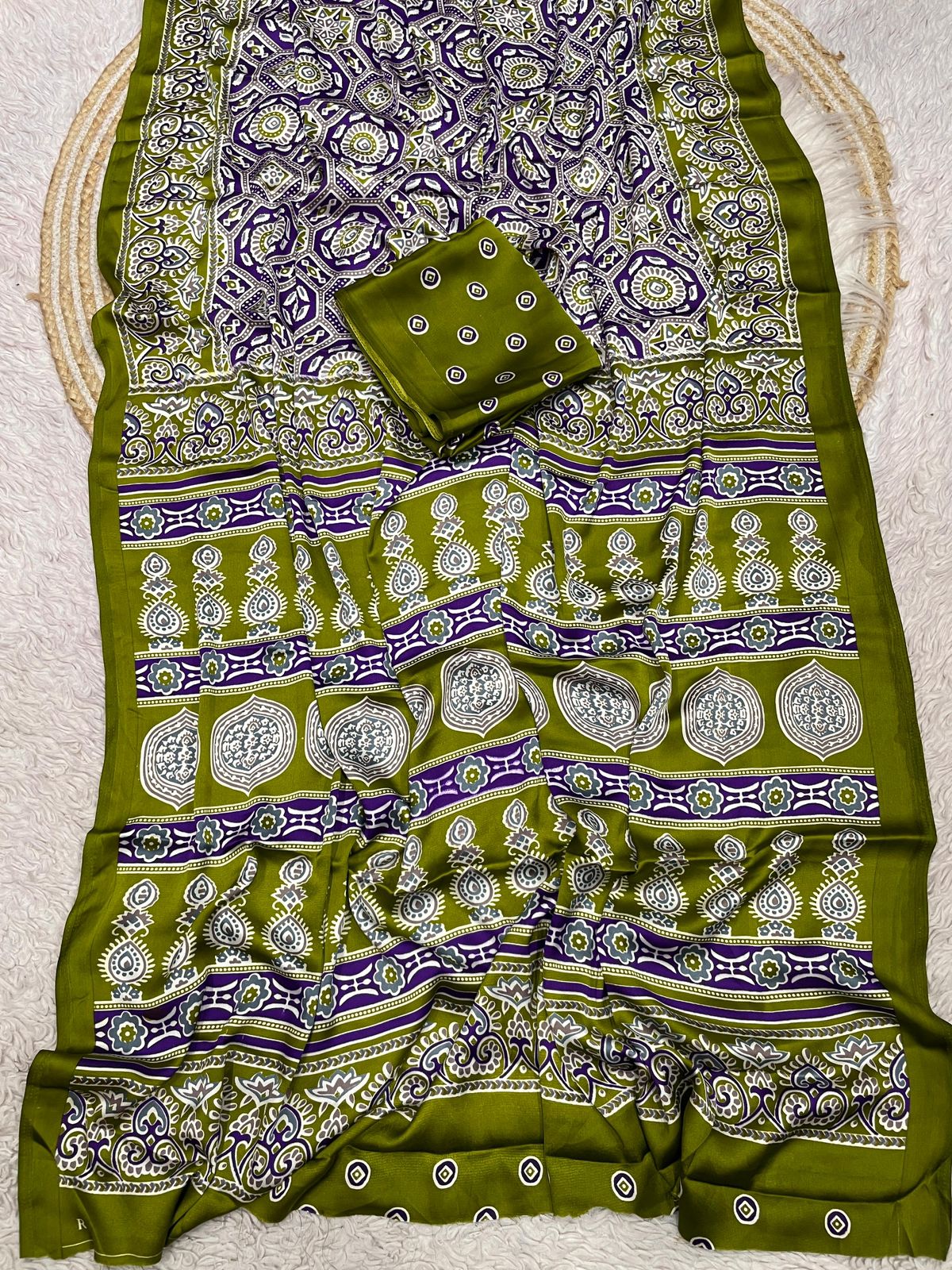 Kayatri New  Pure Crape Satin with Ajrak printed Sarees rich Pallu