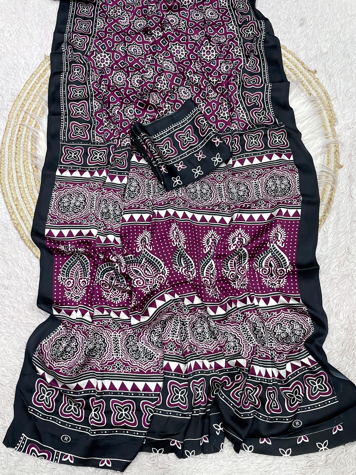 Kayatri New  Pure Crape Satin with Ajrak printed Sarees rich Pallu