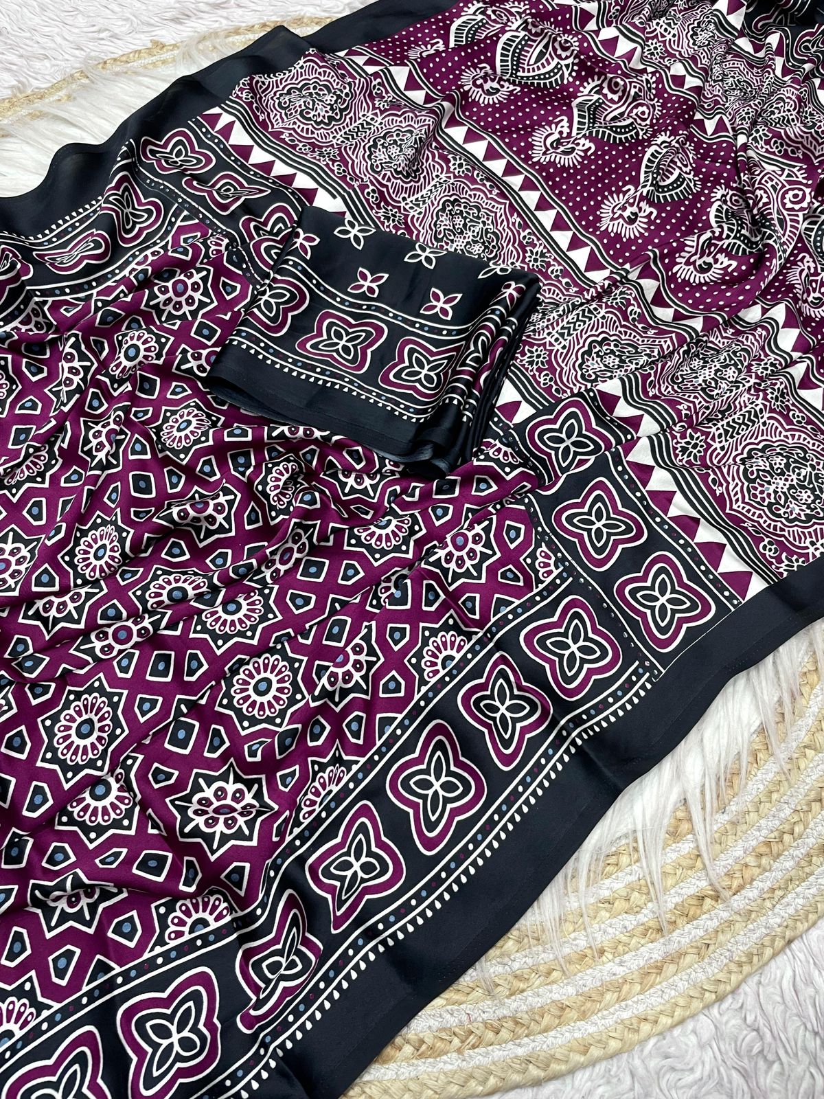 Kayatri New  Pure Crape Satin with Ajrak printed Sarees rich Pallu