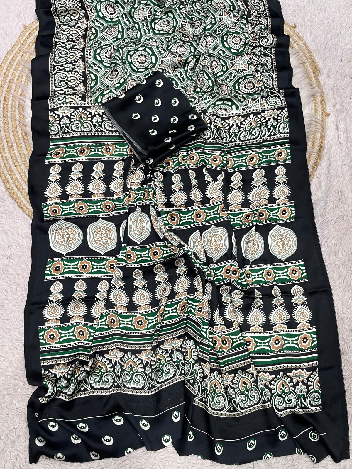 Kayatri New  Pure Crape Satin with Ajrak printed Sarees rich Pallu