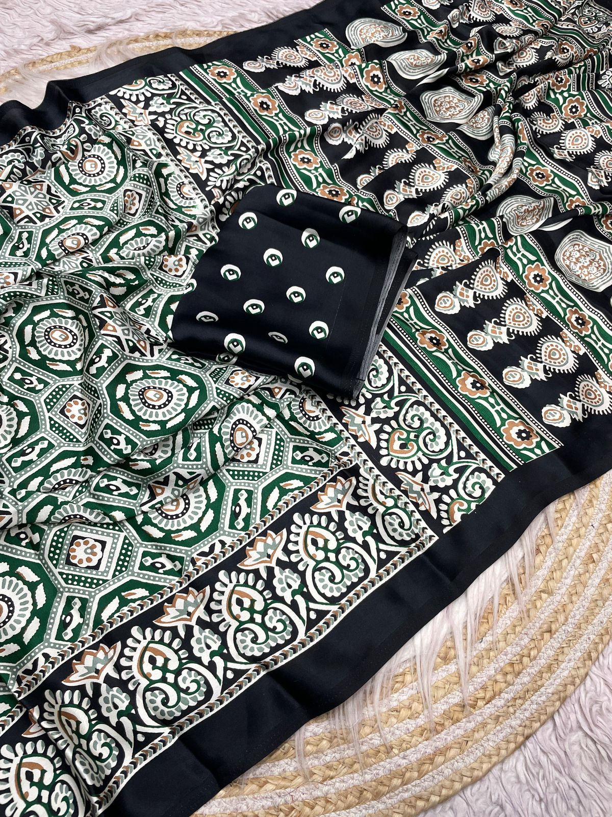 Kayatri New  Pure Crape Satin with Ajrak printed Sarees rich Pallu
