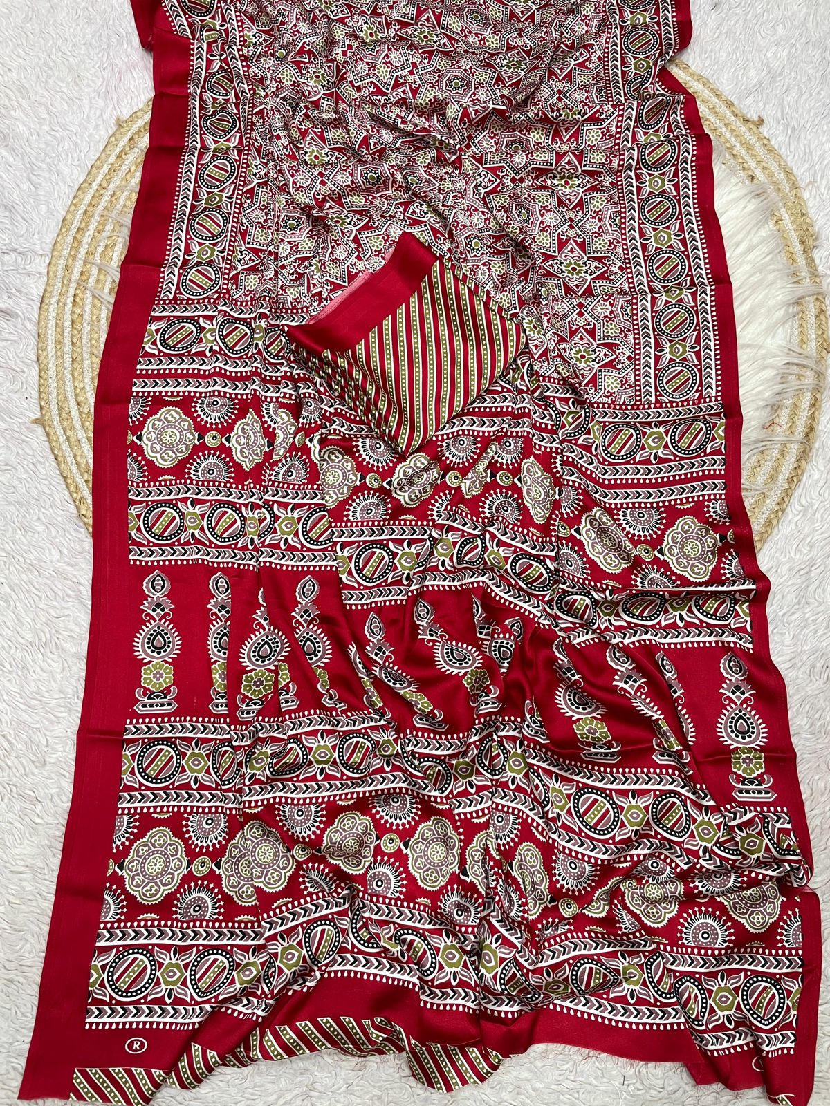 Kayatri New  Pure Crape Satin with Ajrak printed Sarees rich Pallu