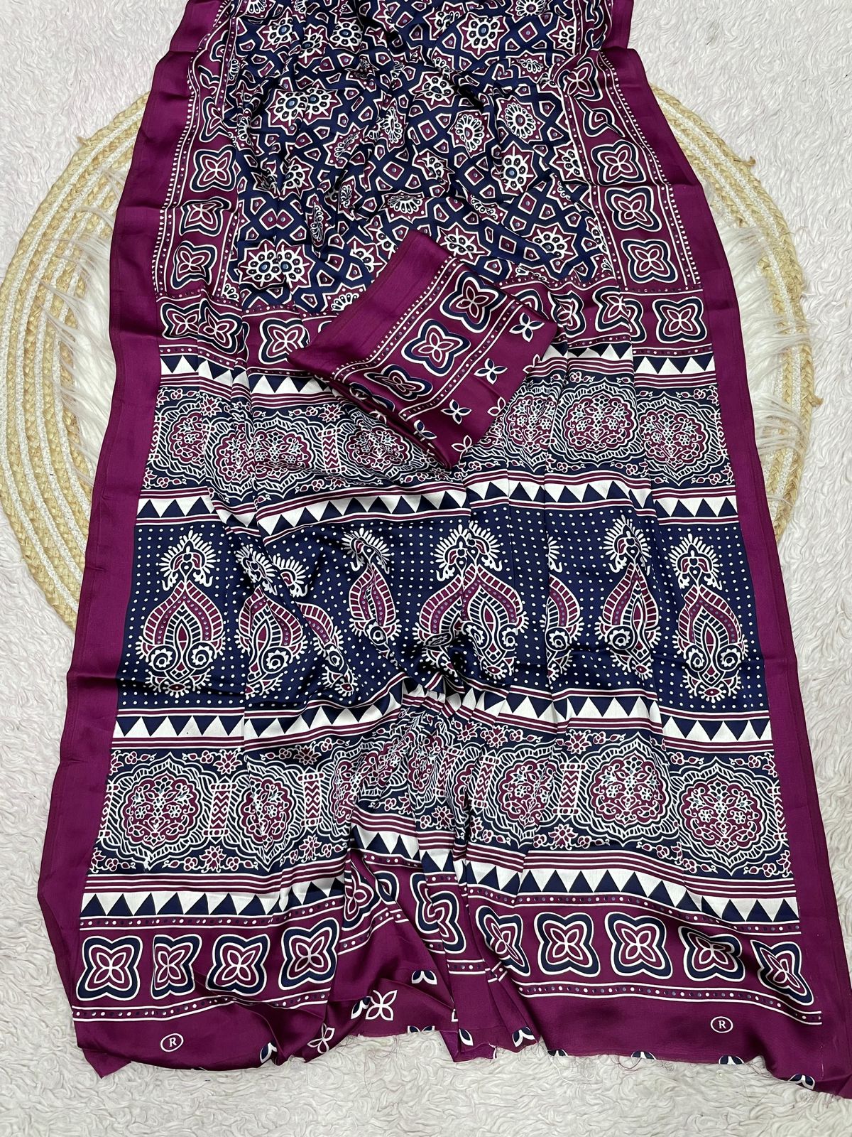 Kayatri New  Pure Crape Satin with Ajrak printed Sarees rich Pallu