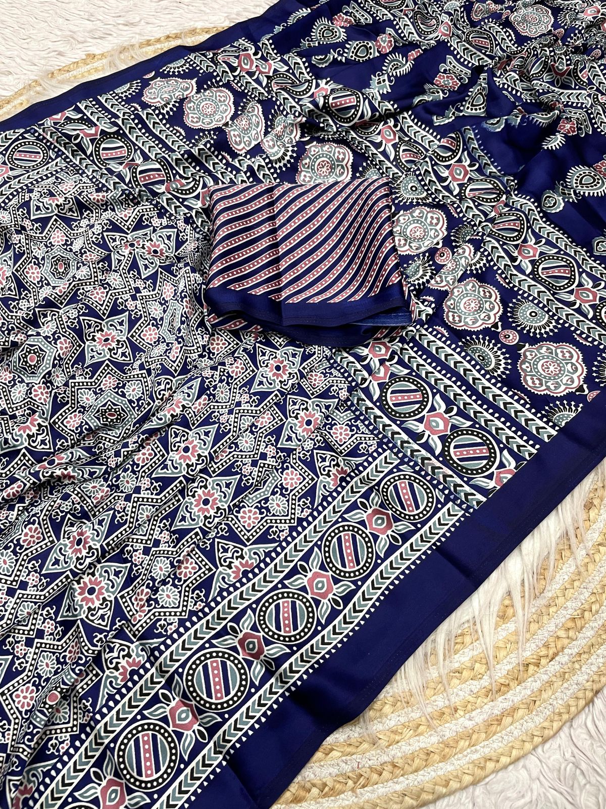 Kayatri New  Pure Crape Satin with Ajrak printed Sarees rich Pallu