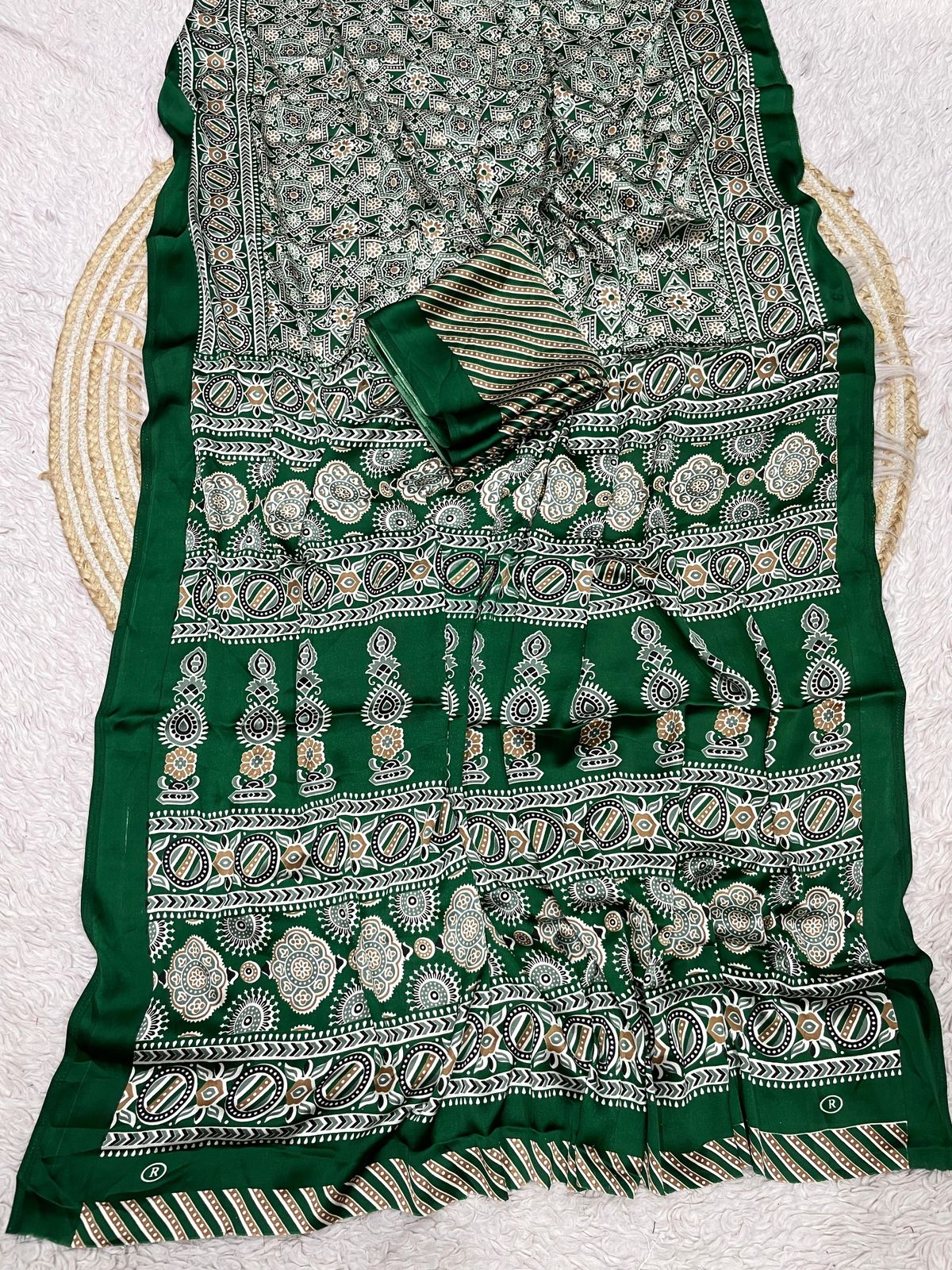 Kayatri New  Pure Crape Satin with Ajrak printed Sarees rich Pallu