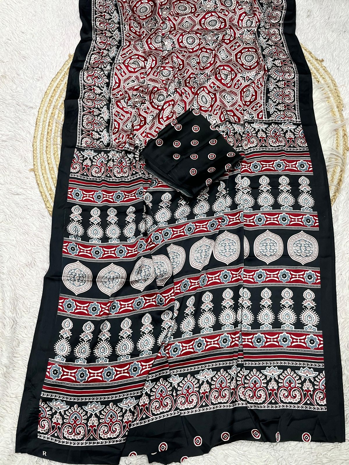 Kayatri New  Pure Crape Satin with Ajrak printed Sarees rich Pallu
