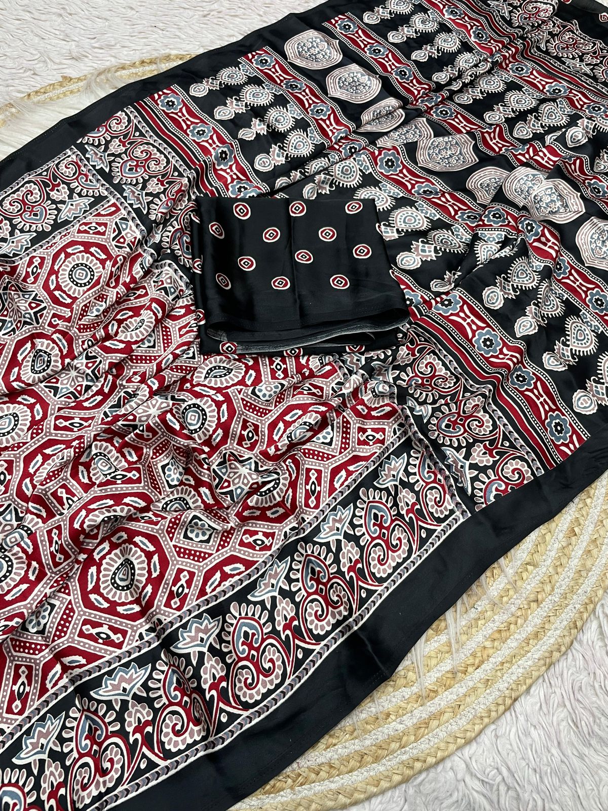 Kayatri New  Pure Crape Satin with Ajrak printed Sarees rich Pallu