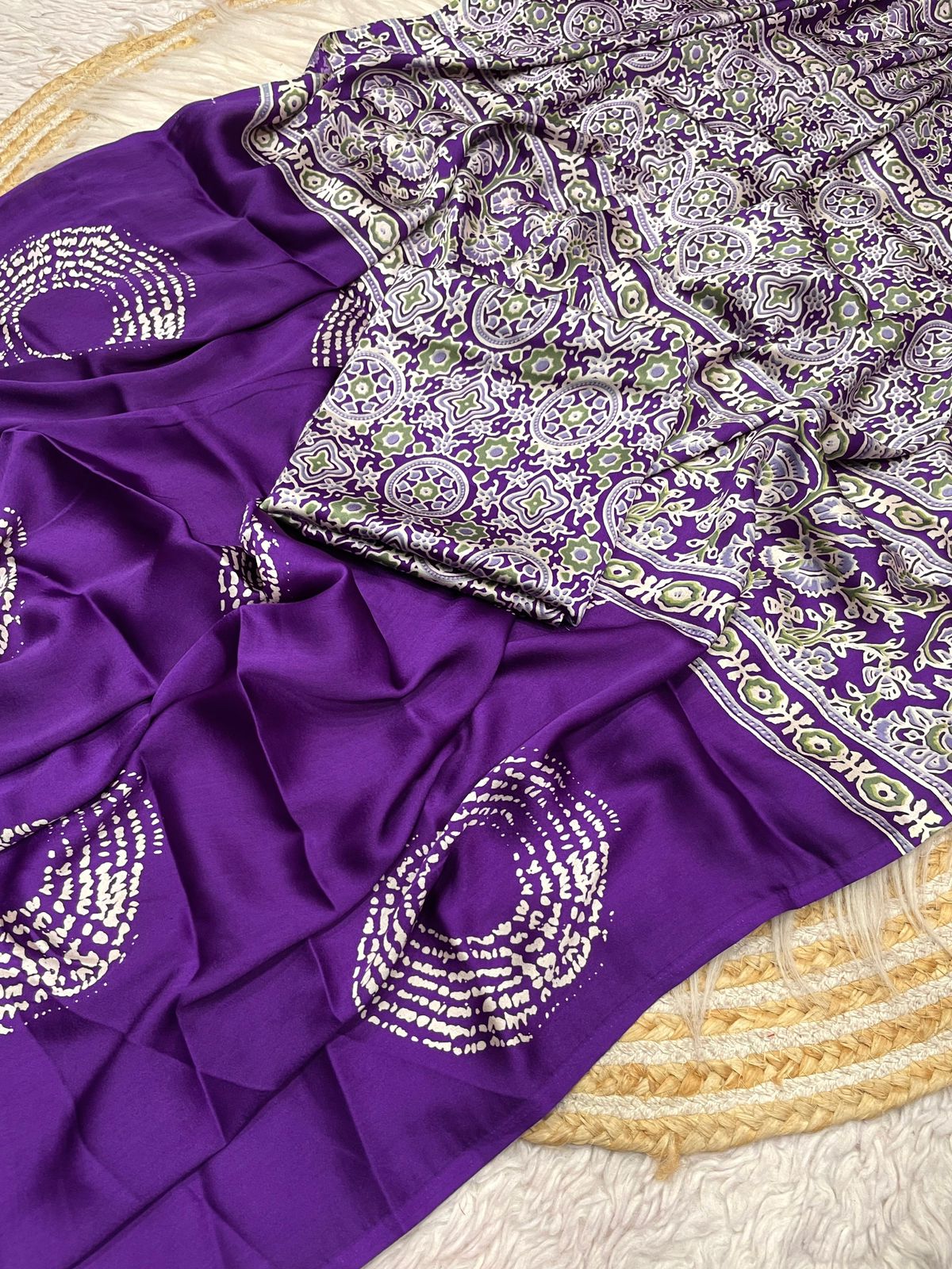 Kayatri New  Pure Crape Satin with Ajrak printed Sarees rich Pallu