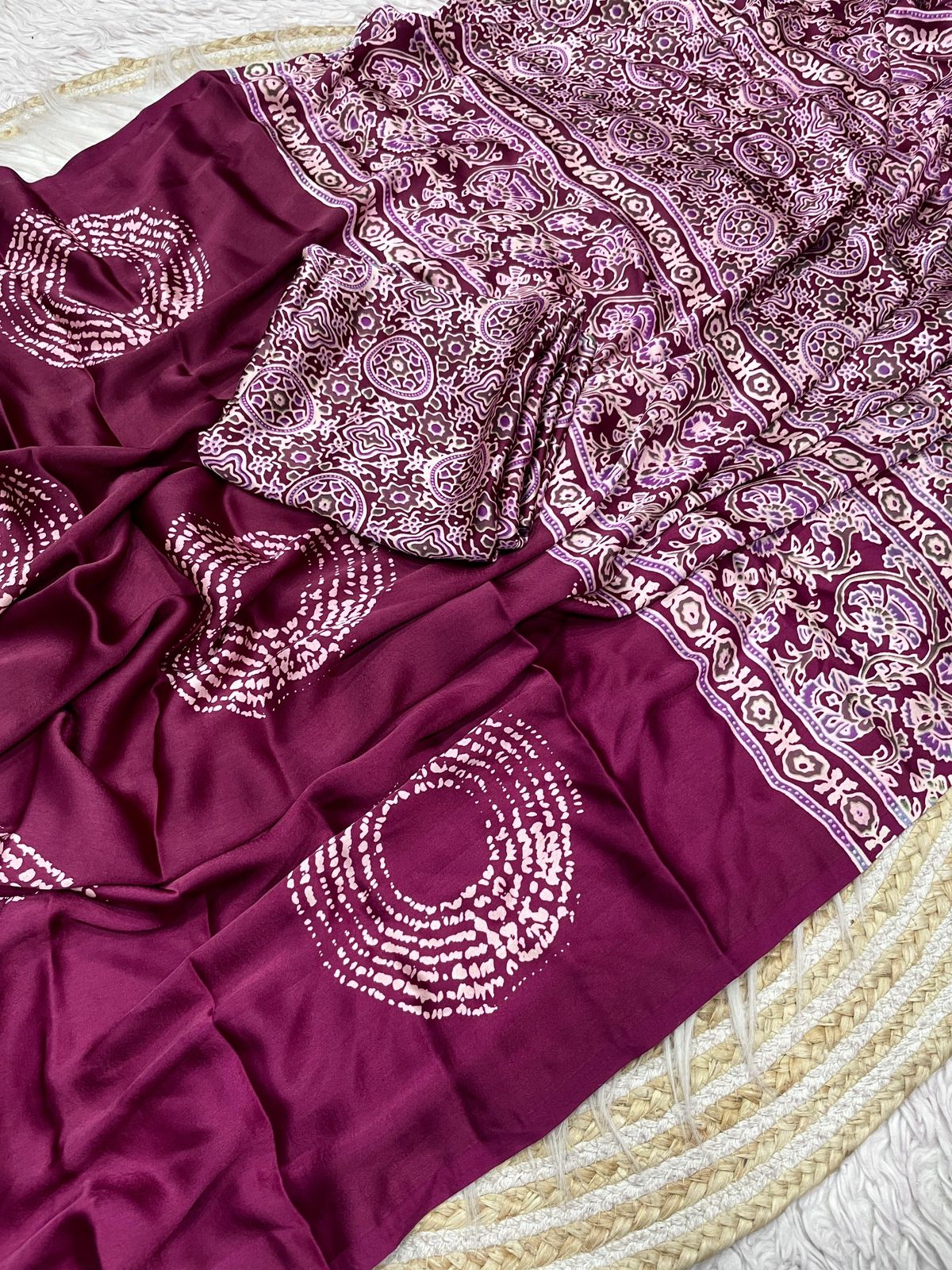 Kayatri New  Pure Crape Satin with Ajrak printed Sarees rich Pallu