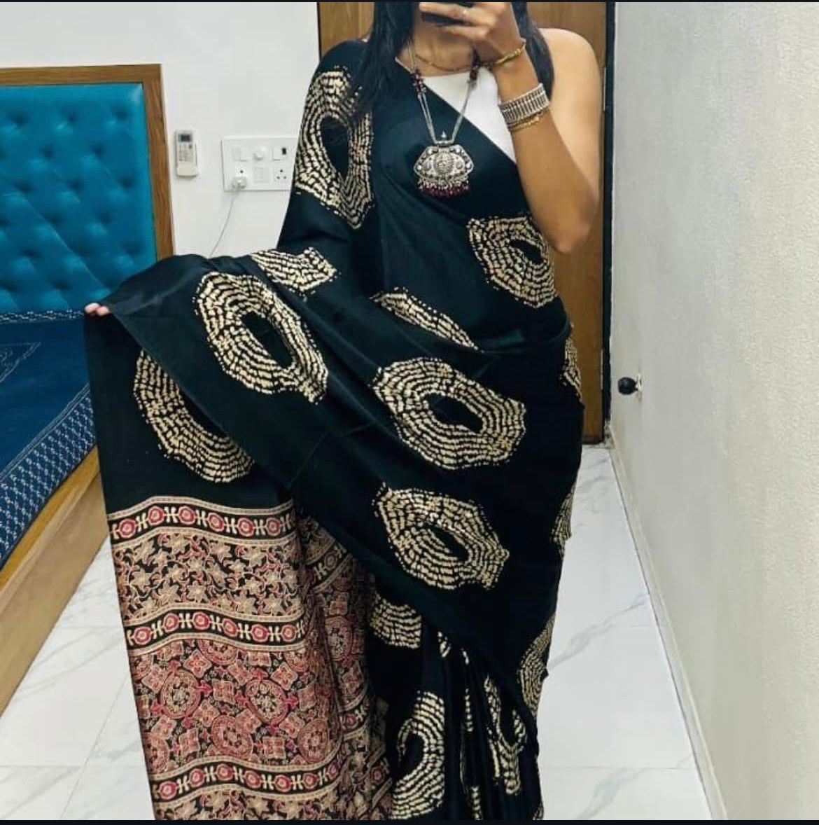 Kayatri New  Pure Crape Satin with Ajrak printed Sarees rich Pallu