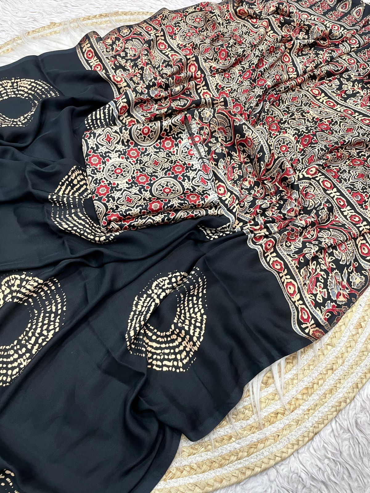 Kayatri New  Pure Crape Satin with Ajrak printed Sarees rich Pallu