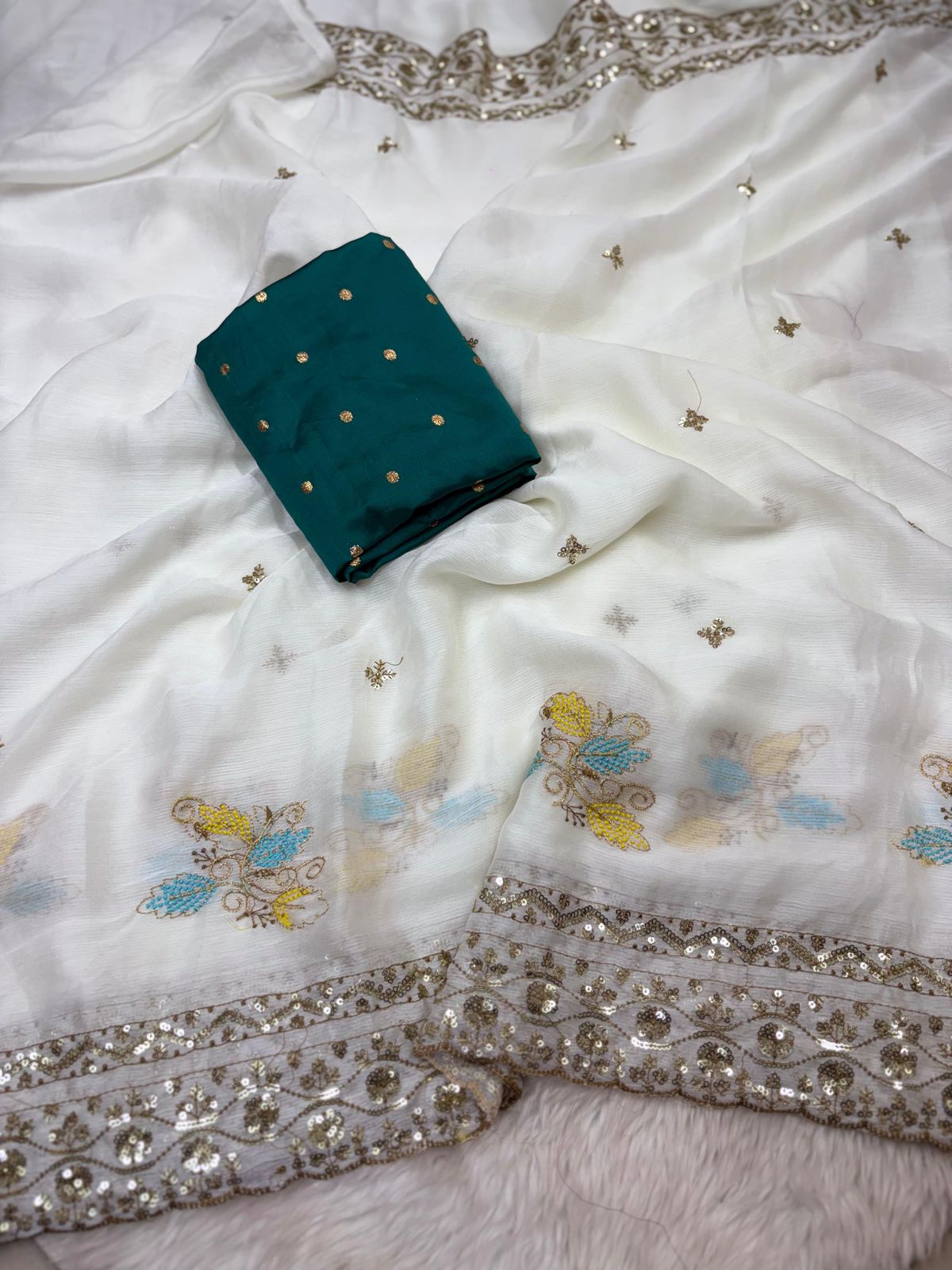 Kayatri New fabrics moss chiffon heavy sequence and Multi work