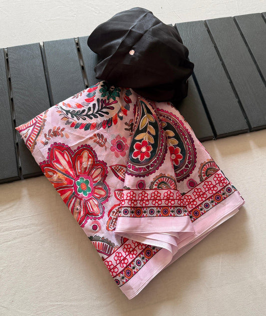 Kayatri New Soft Shinon Fabric With Beautiful Floral Digital Print With Mirror Embroidery Work Saree