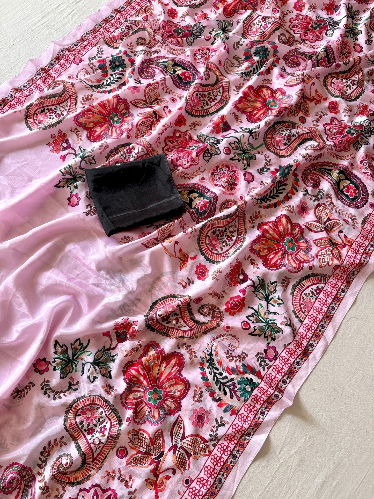 Kayatri New Soft Shinon Fabric With Beautiful Floral Digital Print With Mirror Embroidery Work Saree