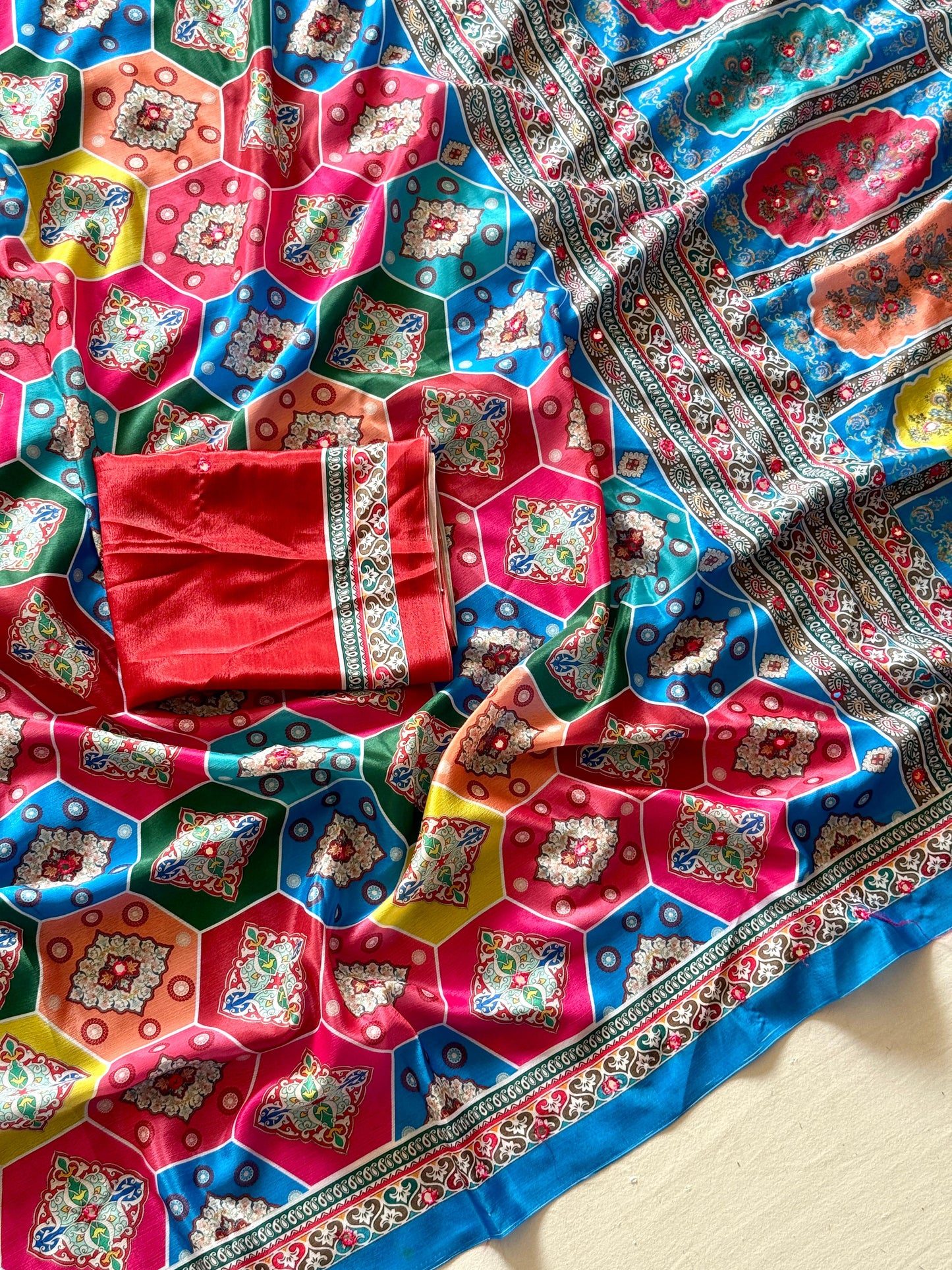 Kayatri New Soft Shinon Fabric With Beautiful Floral Digital Print With Mirror Embroidery Work Saree