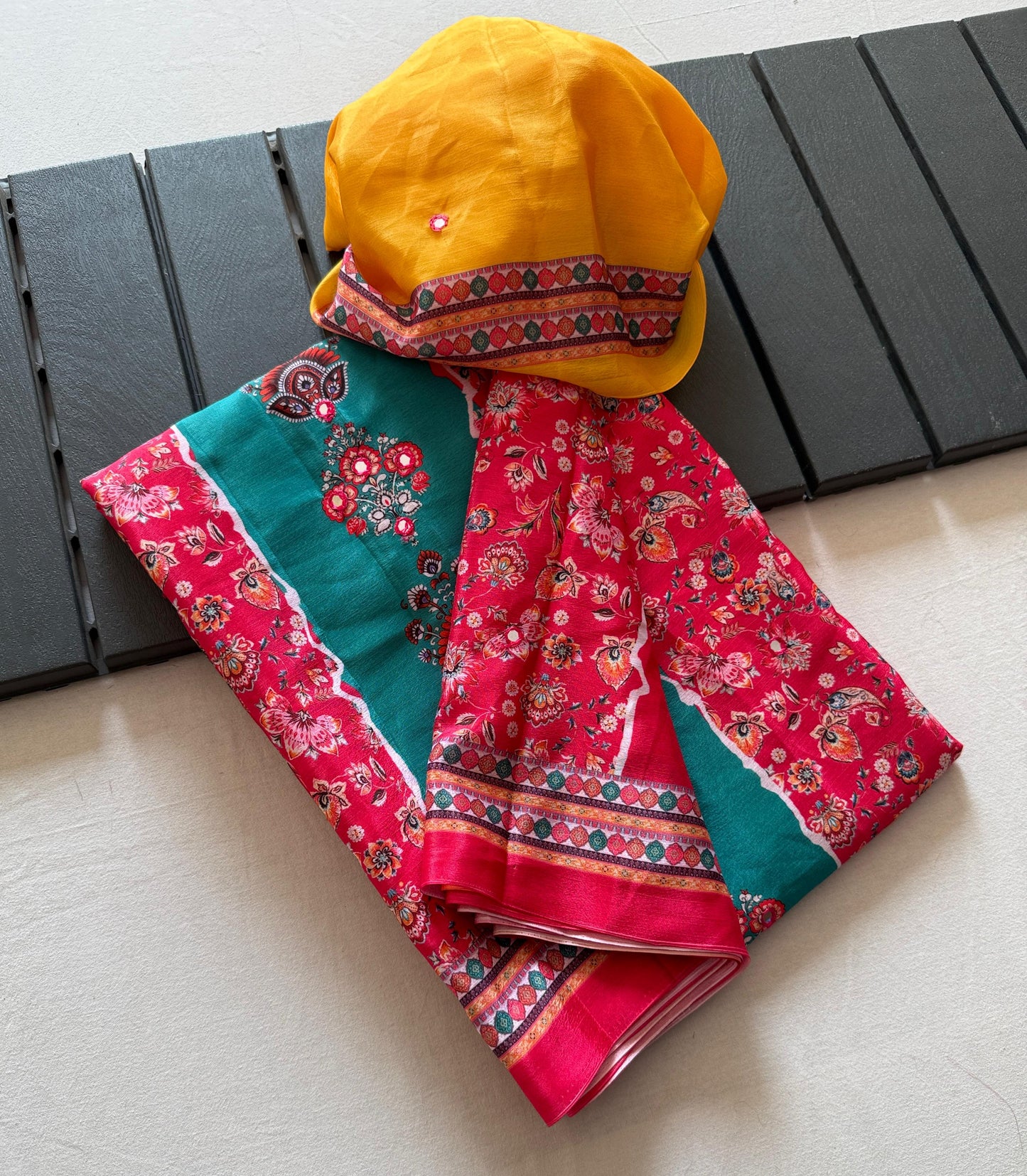 Kayatri New Soft Shinon Fabric With Beautiful Floral Digital Print With Mirror Embroidery Work Saree