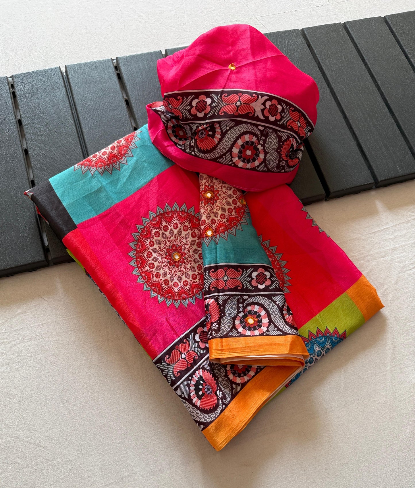Kayatri New Soft Shinon Fabric With Beautiful Floral Digital Print With Mirror Embroidery Work Saree