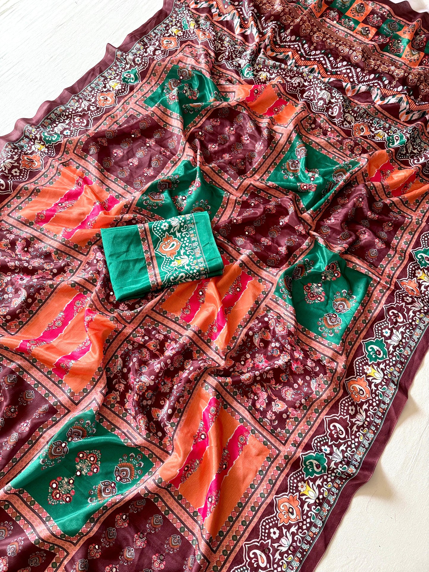 Kayatri New Soft Shinon Fabric With Beautiful Floral Digital Print With Mirror Embroidery Work Saree
