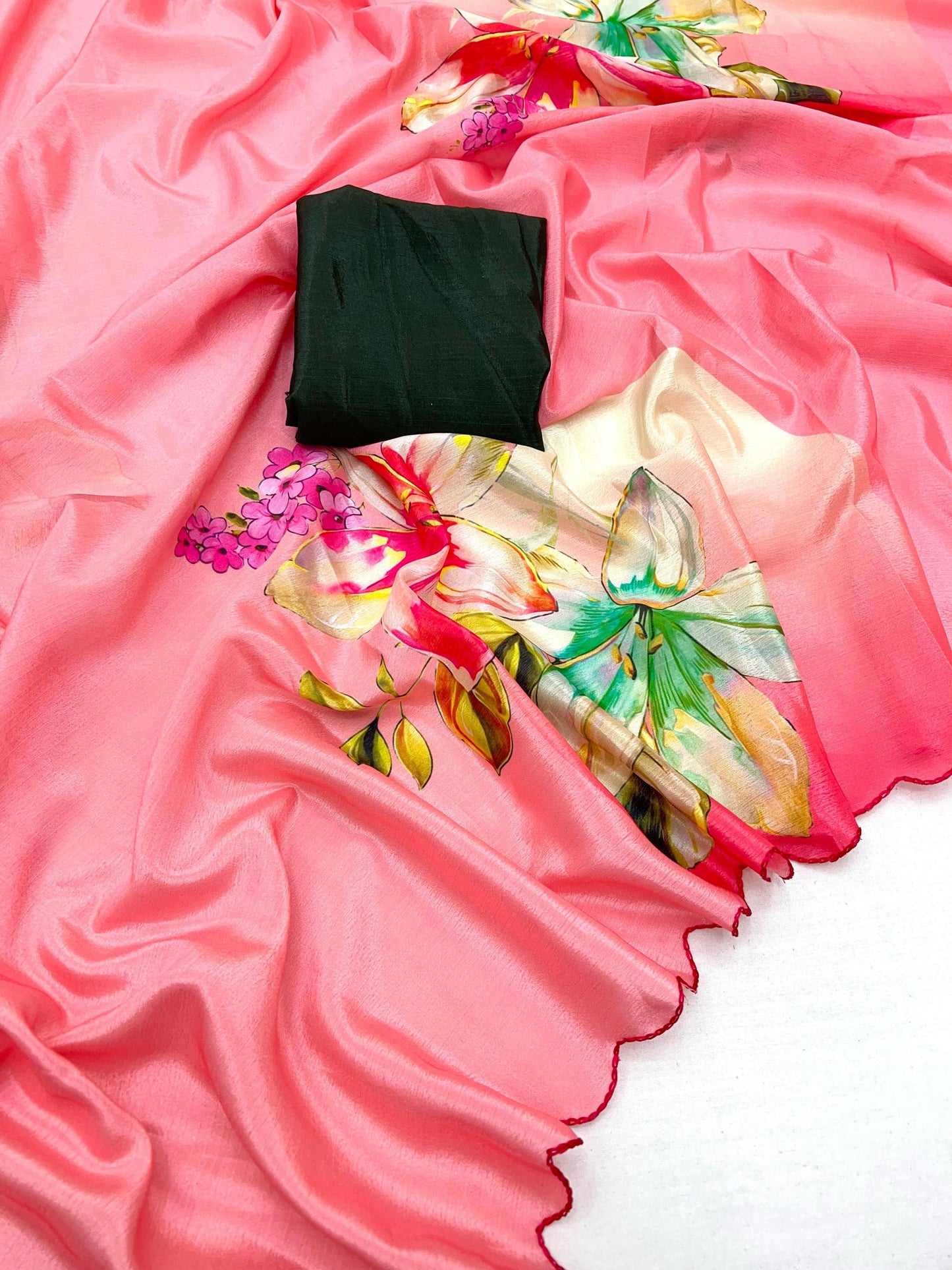Kayatri New Soft Shinon Fabric With Beautiful Floral Print And Contrast Arco Cutwork Bordar Saree