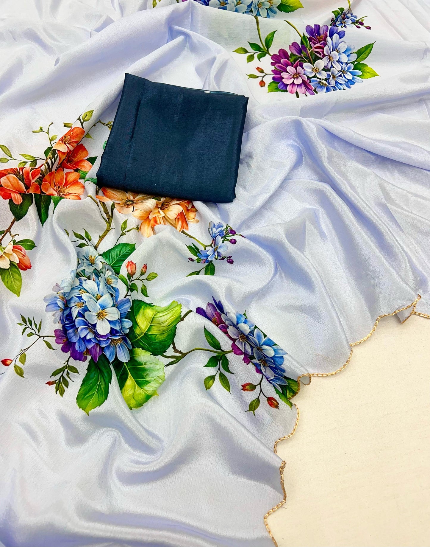 Kayatri New Soft Shinon Fabric With Beautiful Floral Print And Contrast Arco Cutwork Bordar Saree