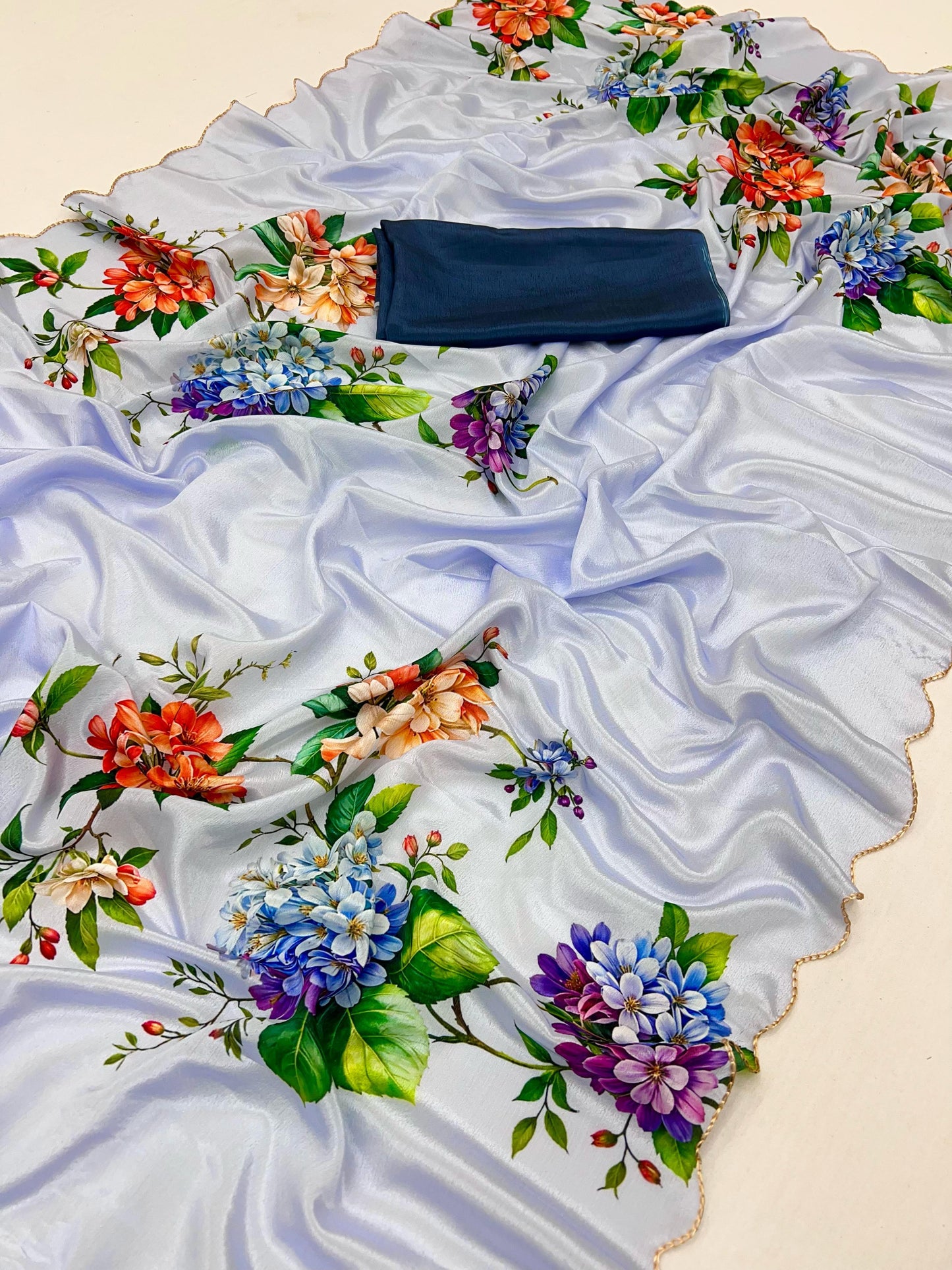 Kayatri New Soft Shinon Fabric With Beautiful Floral Print And Contrast Arco Cutwork Bordar Saree
