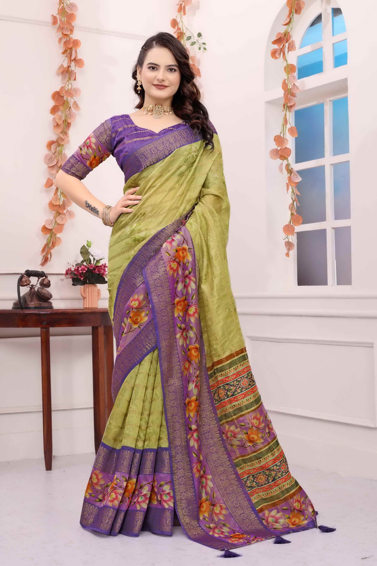 Kayatri New Soft c silk saree with zari lining body n bentex weave border embellished with digital printed saree