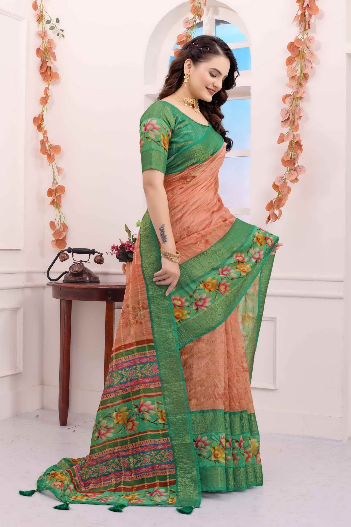 Kayatri New Soft c silk saree with zari lining body n bentex weave border embellished with digital printed saree