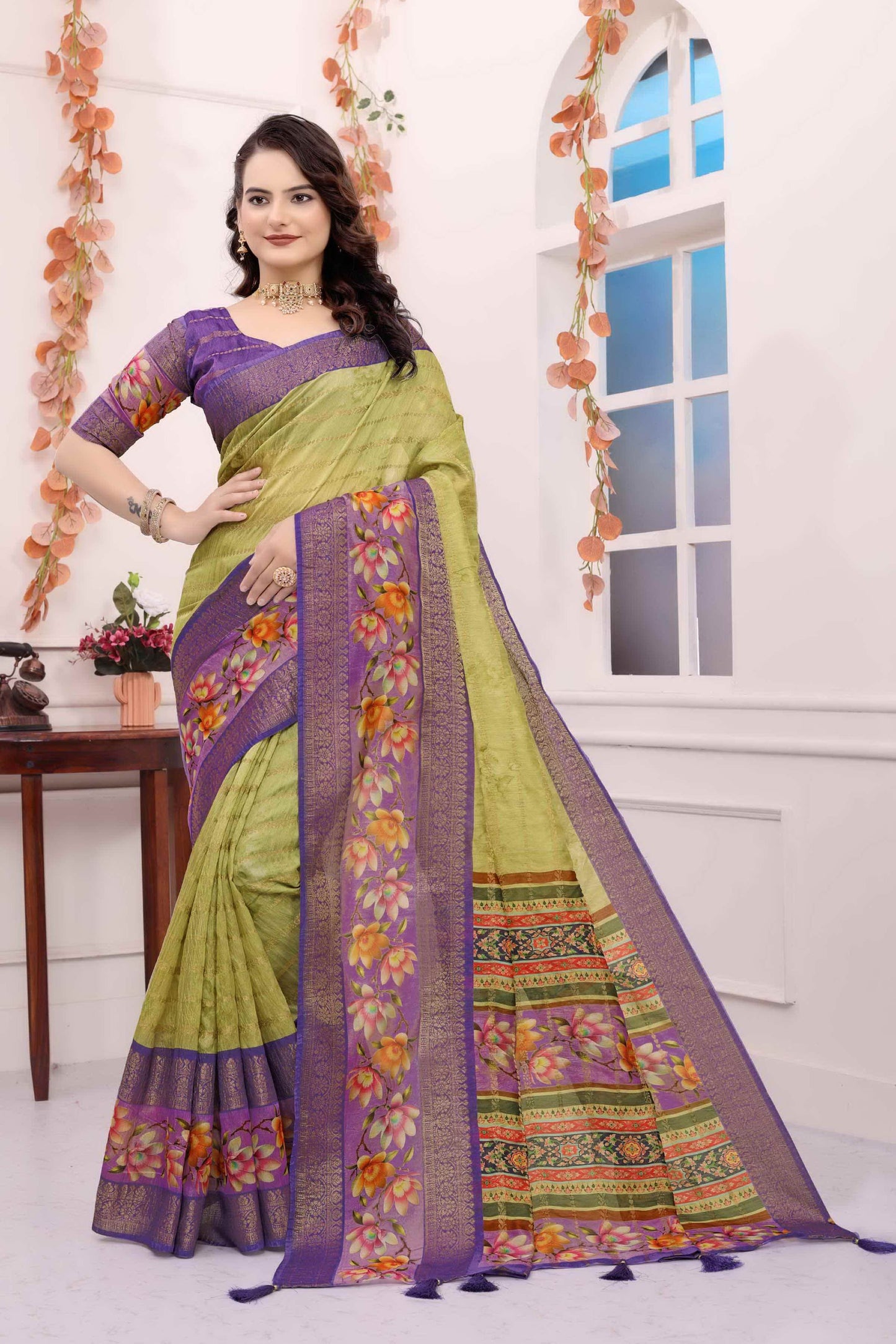 Kayatri New Soft c silk saree with zari lining body n bentex weave border embellished with digital printed saree